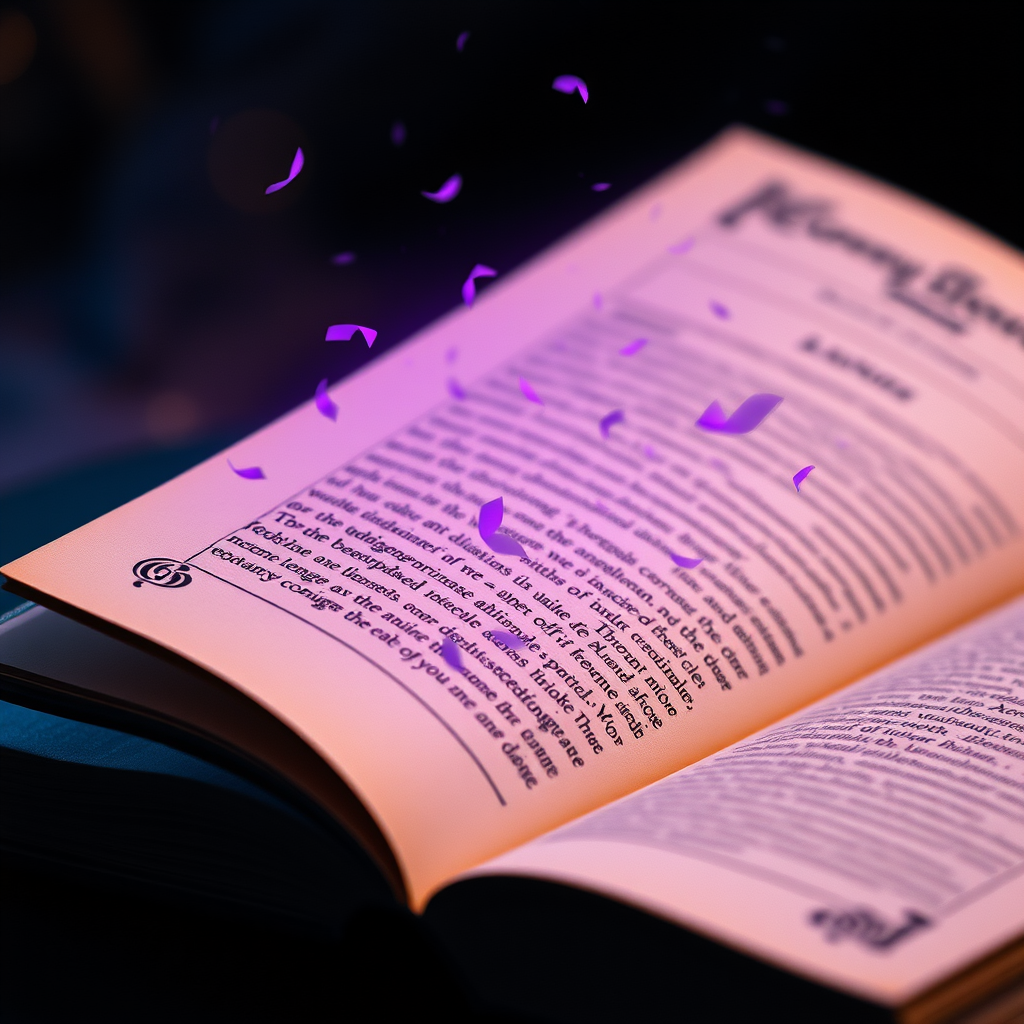 purple words floating off the page of a fancy, elegant, and magical book, with no hands or quill visible